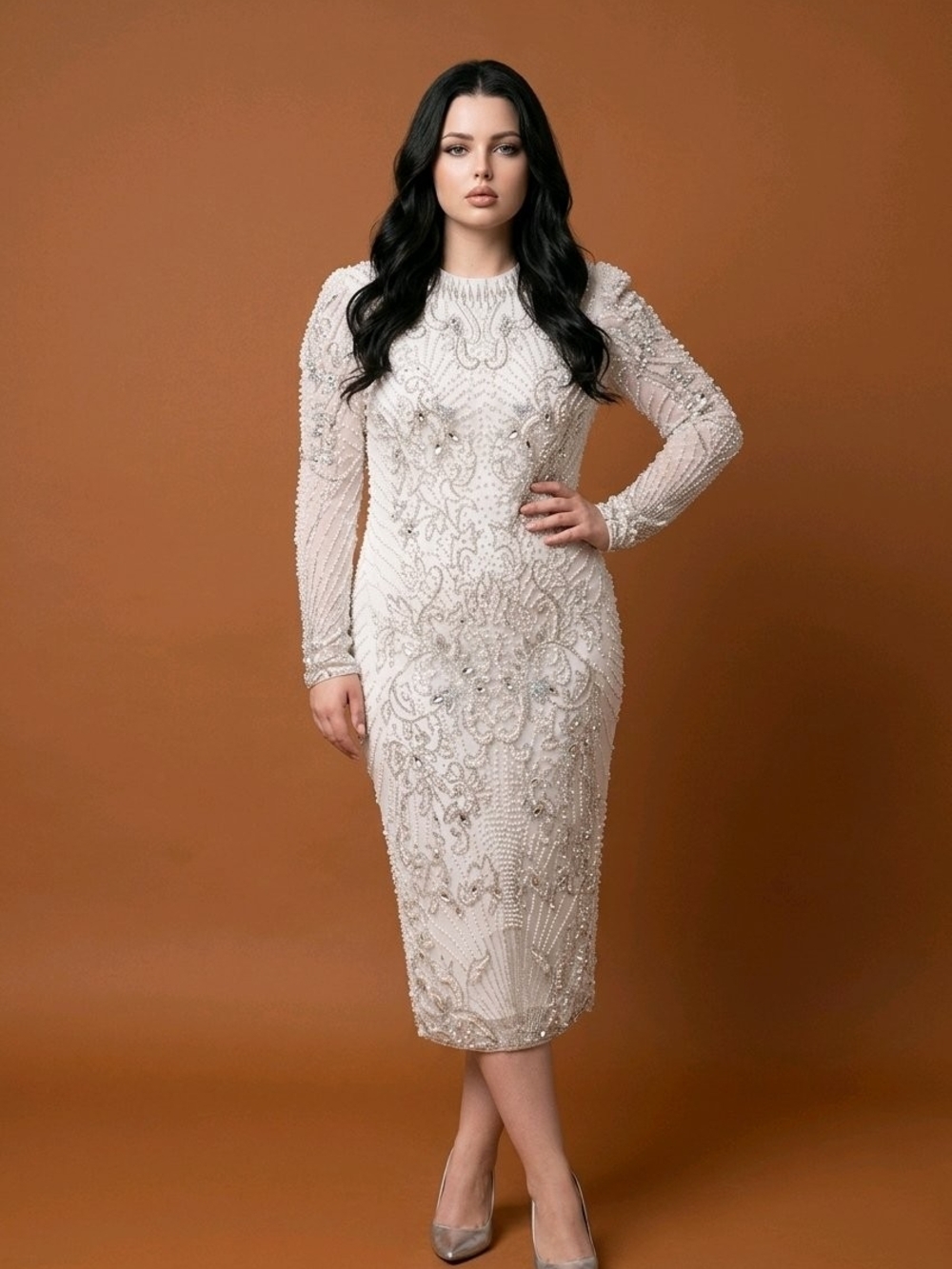 ASOS Ivory Beaded Long-Sleeve Midi Dress